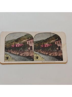 ANTIQUE STEREOGRAPH CARD Scene in Island of Crete Colour Stereoscopic View